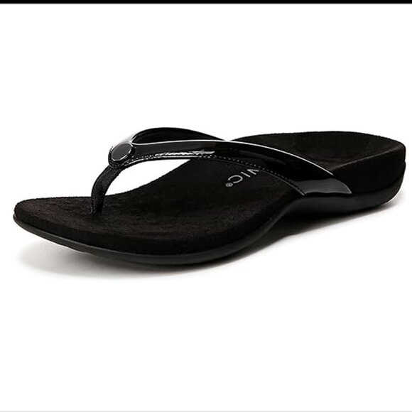 Vionic Davina Ortho Thong Sandals Black Faux Patent Leather Women US 9 - Picture 1 of 12